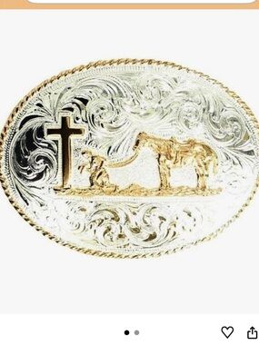 Crumrine Kneeling Cowboy Western Gold & Silver Horse Cross Oval Belt Buckle